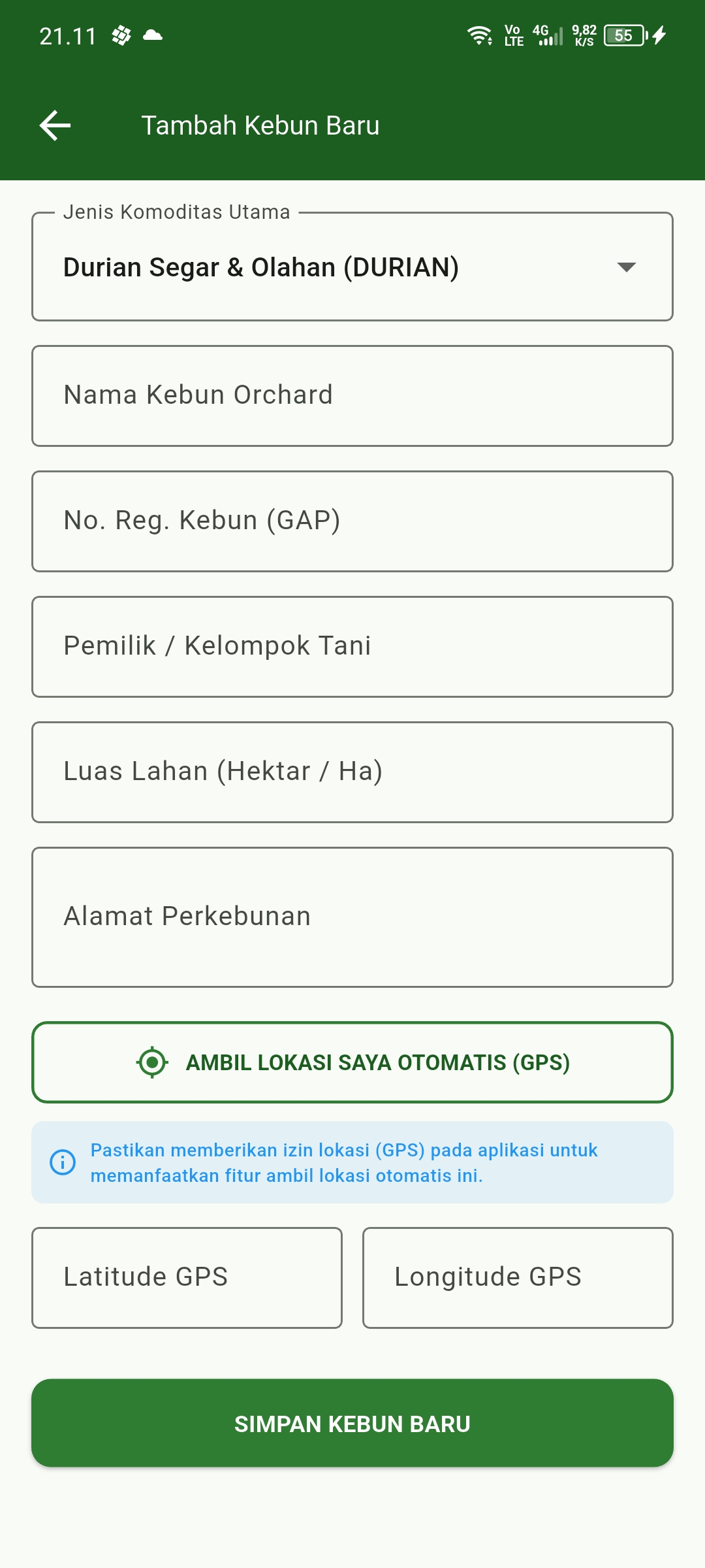 Formulir Tambah Kebun Baru