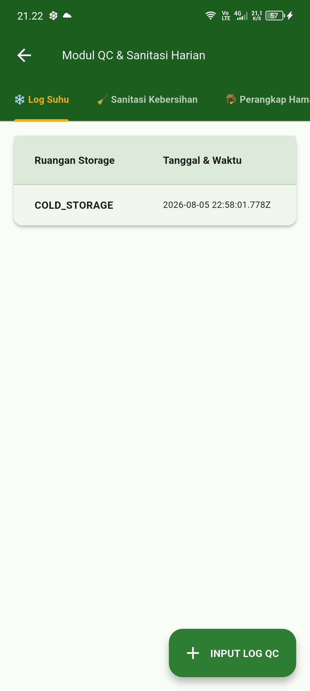 Daftar Log Suhu Cold Storage